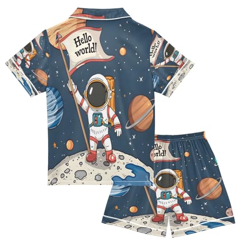 ALAZA Astronaut Solar System Universe Space Planet Satin Pajamas Set Short Sleeve Button Down Sleepwear Summer Pjs 2 Piece2