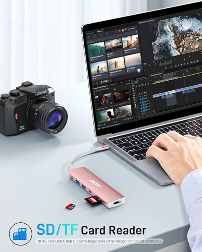 Image of Acer USB C Hub, 7 in 1 USB-C to HDMI Multi-Port Adapter, 2 USBA 3.1 GEN1 and 5Gbps Type-C Data Port, 4K HDMI Port, PD 100W Charging, SD Card Reader for iPad Pro MacBook Pro Laptops and More(Pink)