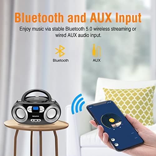 MEGATEK Portable Stereo CD Player Boombox with FM Radio, Bluetooth, USB, Aux-in and Headphone Jack, CD-R/RW and MP3 CDs Compatible, Clear and Balanced Sound, AC/Battery Operated - Black 6 51yFInhY7GL. AC