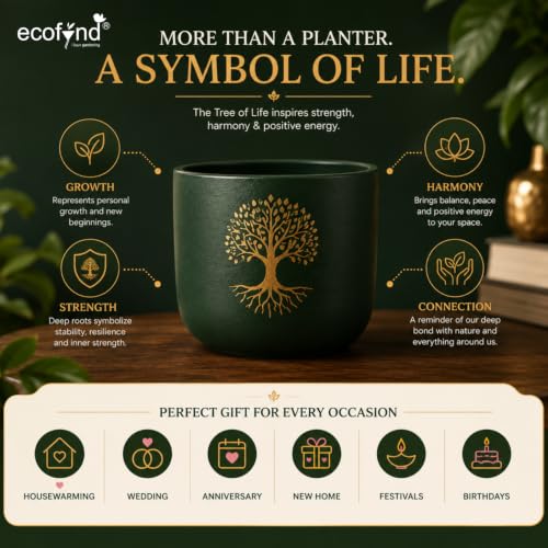 Image of ecofynd 4.5 Inch Tree of Life Terracotta Pot for Indoor Plants, Decorative Clay Planter with Drainage Hole, Flower Pot for Succulents, Cactus, Herbs, Home, Office & Balcony Decor (TPOT011-BLK)