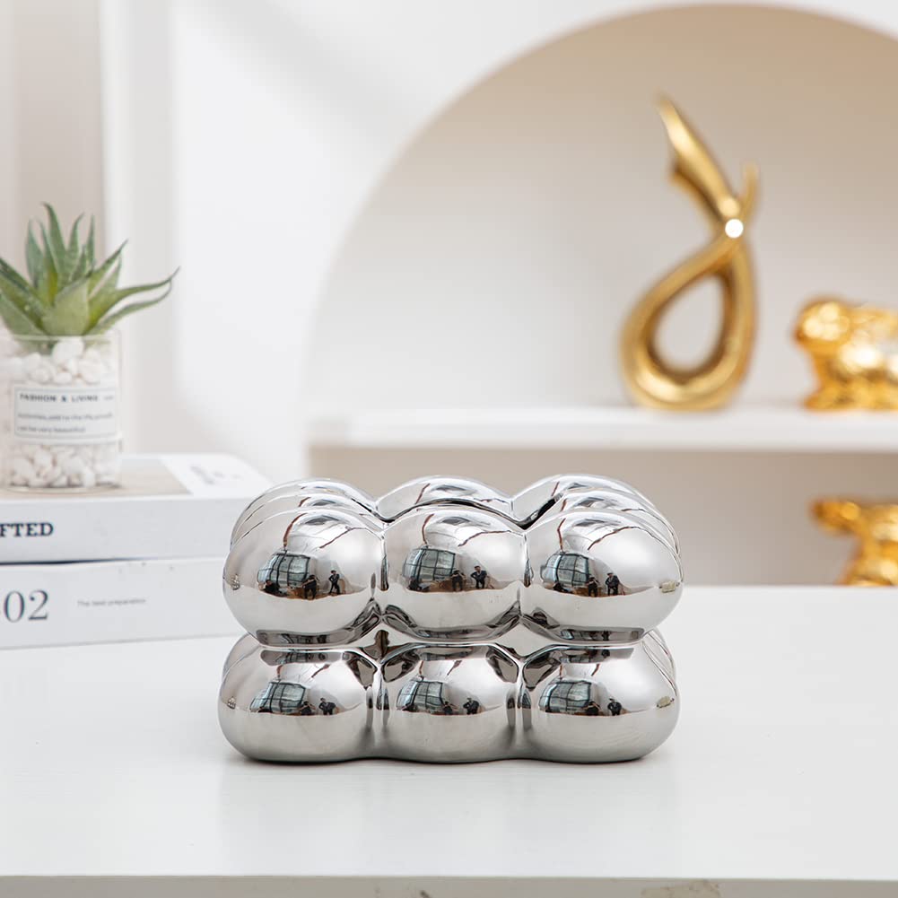 Anding Scatola per fazzoletti in ceramica, posacenere, portacandele, vaso, bagno, vanità, top in ceramica, decorazione astratta per la casa, argento, bianco, oro (A1105 argento)