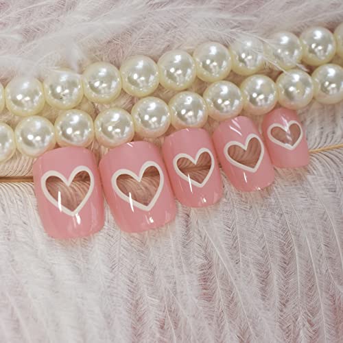 Elevenail Sweet Pink Short Squoval Press On Nails With A Transparent Love Heart Pre-Design False Nails Salon Manicure Reusable Fake Nai Art Tips Diy Artifical Nails Gift For Girls Women #TOP4