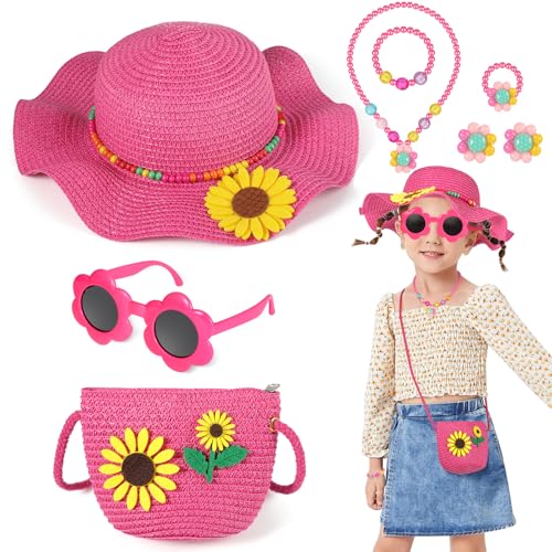 Girls Sun Hat Sunglasses with Sunflower Purse Jewelry Set, Sunflower Summer Straw Hat with Wide Brim for Kids Beach Holidays