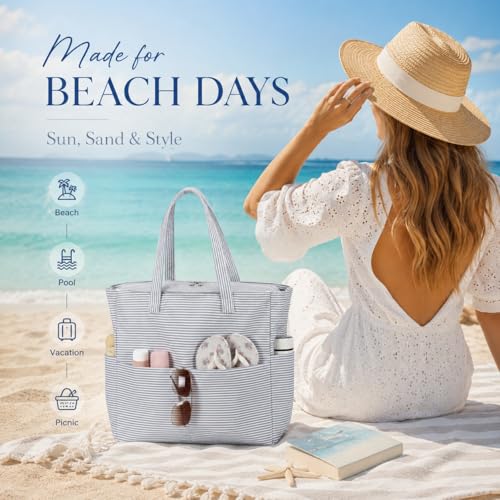 Image of LEDAOU Beach Bag Waterproof Sandproof Women Beach Tote Pool Bag with Zipper for Swim Gym Grocery Travel with Wet Pocket | Sandproof