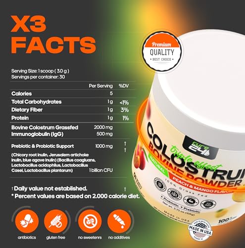 Image of Bovine Colostrum X3 Supplement Powder for Humans, 100% Pure Whole Natural Grass Fed Superfood, High IgG, Plus Probiotic & Prebiotic, Unflavored, Made in USA (Peach Mango)