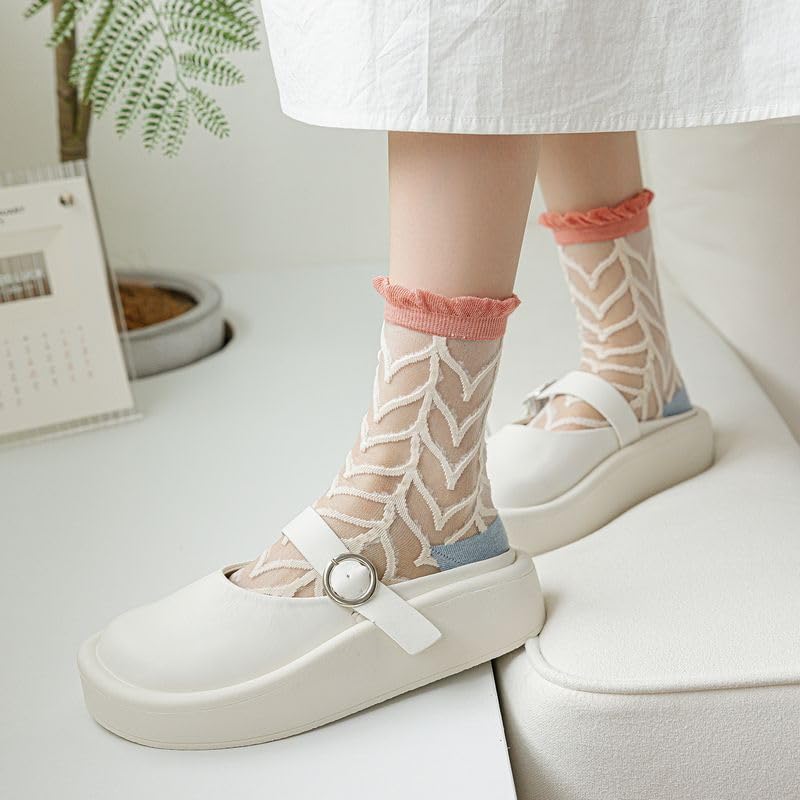 Image of 7 Pairs Women Floral Sheer Sock Elastic See Through Socks Summer Thin Mesh Lace Jacquard Socks Cottagecore Accessories