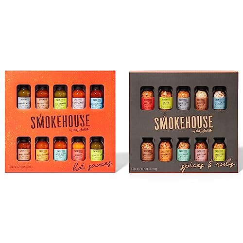 6. Smokehouse by Thoughtfully, Gourmet Grilling Spice Set and Hot Sauce Gift Set in Mini Glass Bottles, Set of 20 - For Spice Lovers