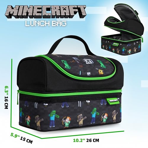 Minecraft Lunchtasche Kinder oder Set mit Trinkflasche Isolierte Creeper Kühltasche für Lunchbox und Snacks für Schule Alltag Urlaub Gamer Geschenk (Schwarz)