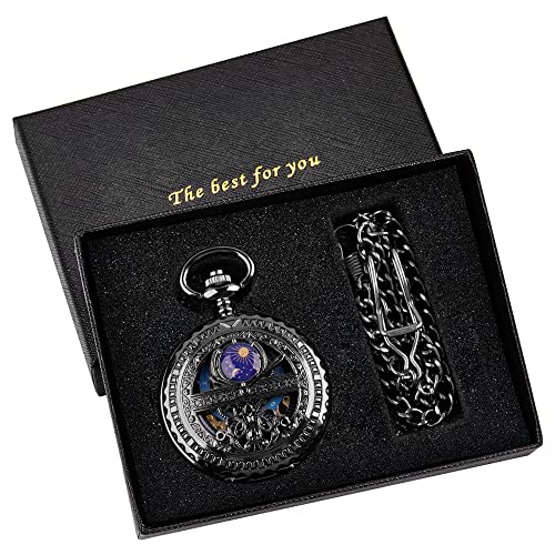Image of Black and Silver Roman Numeral Dial Mens Mechanical Moon Phase Design, Moon Sun Pattern Skeleton Mechanical Pocket Watches for Men with Case and Chain - Black