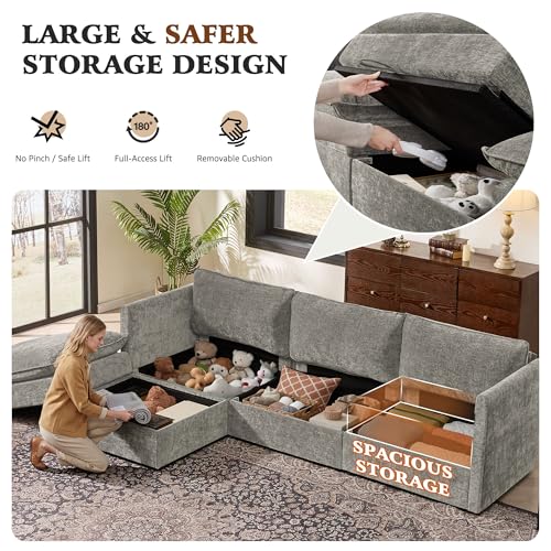 Image of Ihanherry 103 inch Modular Sectional Sofa with Storage, L Shaped Cloud Couch with Movable Ottomans & Throw Pillows, Chenille Deep Seat Sectional Couches for Living Room, Apartment (Grey)