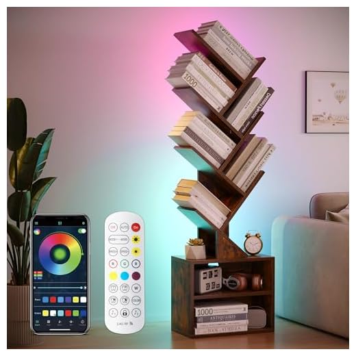 SUNMORY 6 Tier Tree Bookshelf with Lights, LED Book Tree Bookcase with Storage Organizer, Small Corner Bookshelf Floor Standing Book Shelf for Living Room, Bedroom & Home Office