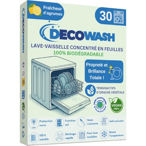 DECOWASH - Détergent Lave-Vaisselle en Feuilles Écologiques (Jusqu’à 60 Lavages) – Sans Plastique, Phosphates ni Chlore. Biodégradable, Végan et Sûr. Nettoyage, Brillance, Protection & Anticalcaire