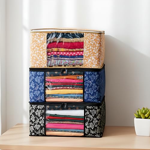 Image of Non-Woven Wardrobe Organizer Bags (Set of 3, Multicolors) | Heavy-Duty Zipper Clothes Storage Covers | Foldable Dust-Proof Closet & Bedroom Organizer for Sarees, Blankets, Linen & Seasonal Garments