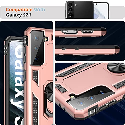Image of Case for Samsung Galaxy S21 5G Case Heavy Duty with Built in Screen Protector Hard Armor Military Anti-Fall Bumper Cover for Samsung S21 5G 6.2 2021 Phone Cases with Magnetic Ring Kickstand (Pink)