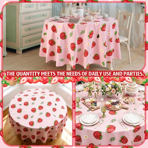 Image of Ganeen 6 Pcs Strawberry Plastic Tablecloth Pink Strawberry Round Tablecloths Birthday Decor Disposable Plastic Round Waterproof Table Covers for Holiday Weeding Tea Decoration Party Favor