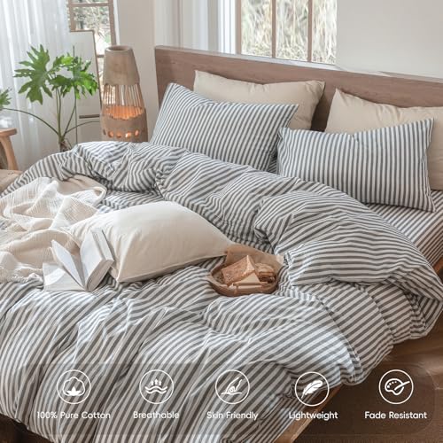 Image of MooMee Striped Duvet Cover Set 100% Washed Cotton Linen Like Super King | Relaxed Linen-like Texture. Soft, Breathable & Long-lasting Comfort. Lightweight. Hidden Zipper with 8 Interior Corner Ties