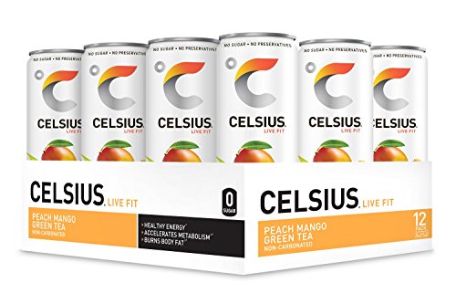 CELSIUS Peach Mango Green Tea Non-Carbonated Fitness Drink, Zero Sugar, 12oz. Slim Can