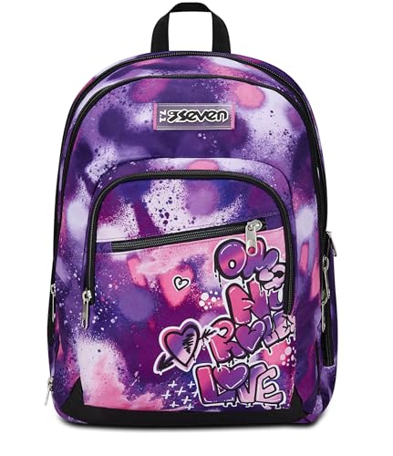 Seven Zaino Scuola Adavanced Detach, Viola, Bubble Street, Doppio Scomparto Con Tasca Staccabile Uso Zainetto, Tasca Porta PC, Tasca Porta Borraccia, Zaino Medie e Superiori, Bambina Ragazza