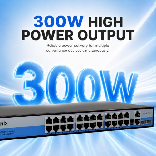 Image of Geonix 24Port Gigabit PoE Switch +2 Gigabit Uplink Ports +2 SFP Slots, 300W PoE Budget, AI Watchdog, 250m Extend Mode, VLAN Isolation, IEEE 802.3af /at, Unmanaged Ethernet Switch, CCTV, IP Cameras, NVR