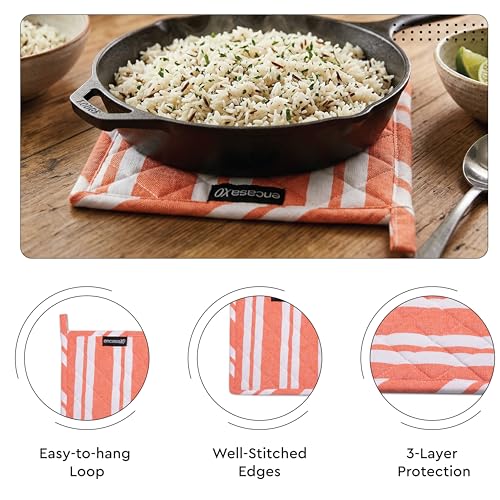 Image of Encasa XO Heat Resistant 100% Cotton Oven Glove & Potholder Set with Loop, Kitchen Cooking Mittens, Microwave Safe Hot Pads (Franca Orange Stripes)