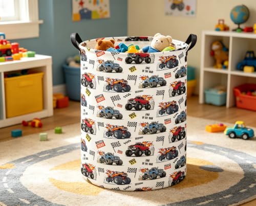 Image of Baby Laundry Basket Kids Hamper Toy Storage Bin for Boys Room Decor Baby Nursery Hamper Gift Baskets for Bedroom Bathroom(Monster Truck)