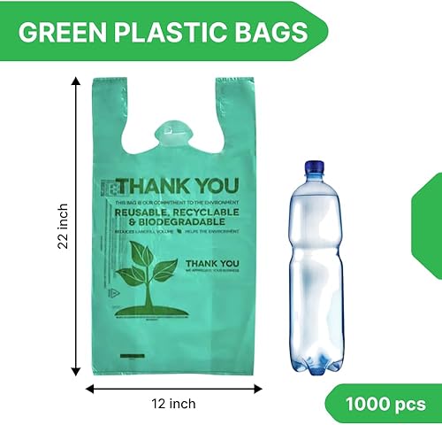 Miniatura 2 de 100 bolsas verdes biodegradables de 22 x 12 pulgadas, bolsas de plástico para llevar con asas, bolsas de agradecimiento, bolsas de plástico