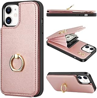 Vunake for iPhone 12 Case with Card Holder iPhone 12 Pro Wallet Case with Ring Holder PU Leather Phone Case Shockproof Bumper Case RFID Blocking Protective Case Cover for iPhone 12/12 Pro-Rosegold