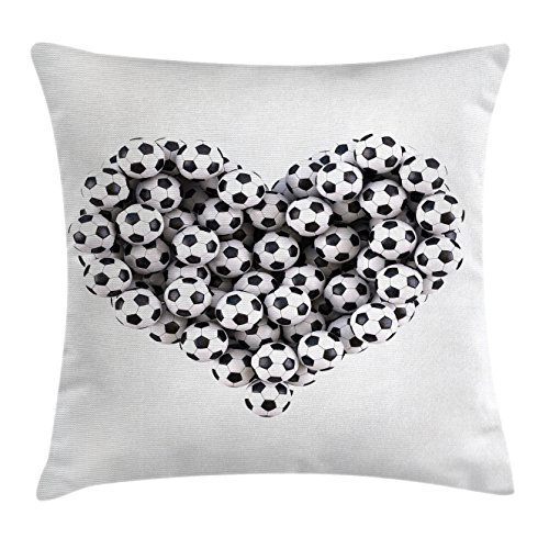Lunarable Sports Throw Pillow Cushion Cover, Heart from The Pile of Footballs Love for Sports Game Match Entertainment Activity, Decorative Square Accent Pillow Case, 36