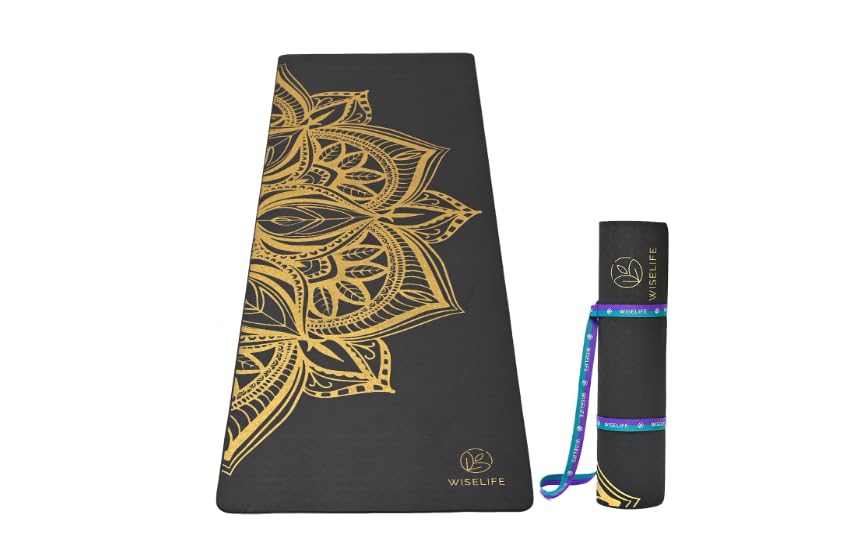 WiselifePrinted Yoga Mat, TPE Material, 6mm Extra Thick, Extra Long and Wide, Black, Anti-Skid and Anti-Slip