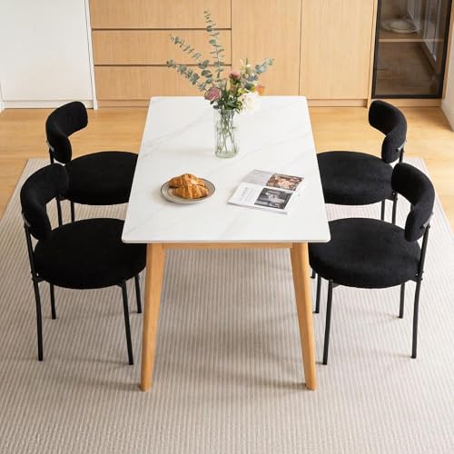 Fanerody Mid-Century Modern Teddy Fleece Esszimmerstühle 4er Set mit gebogener Rückenlehne Metallbeinen Schminktisch-Stuhl Gepolsterte Küchenstühle für Esszimmer Restaurant Schwarz