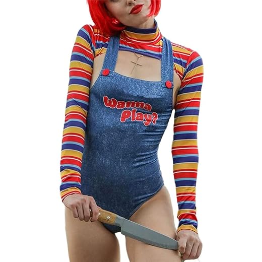 heyheyshine Halloween Costumes for Women Killer Doll Wanna Play Movie Character Bodysuit Chucky Doll Costume Set (As photo shows,S,Small)