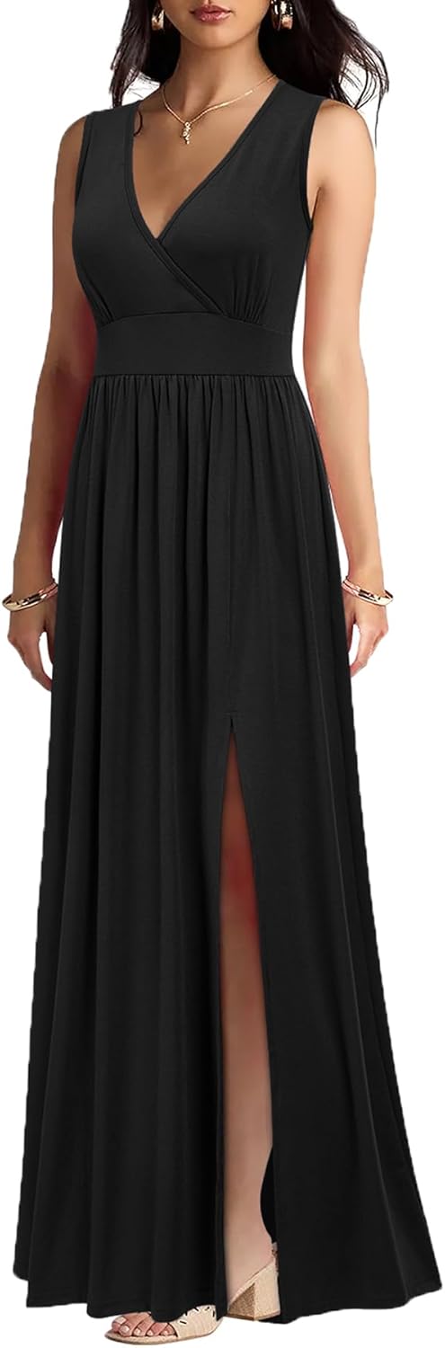 WOOSEA Women Sleeveless Deep V Neck Split Loose Sexy Plain Long Maxi Casual Dress - Image 3