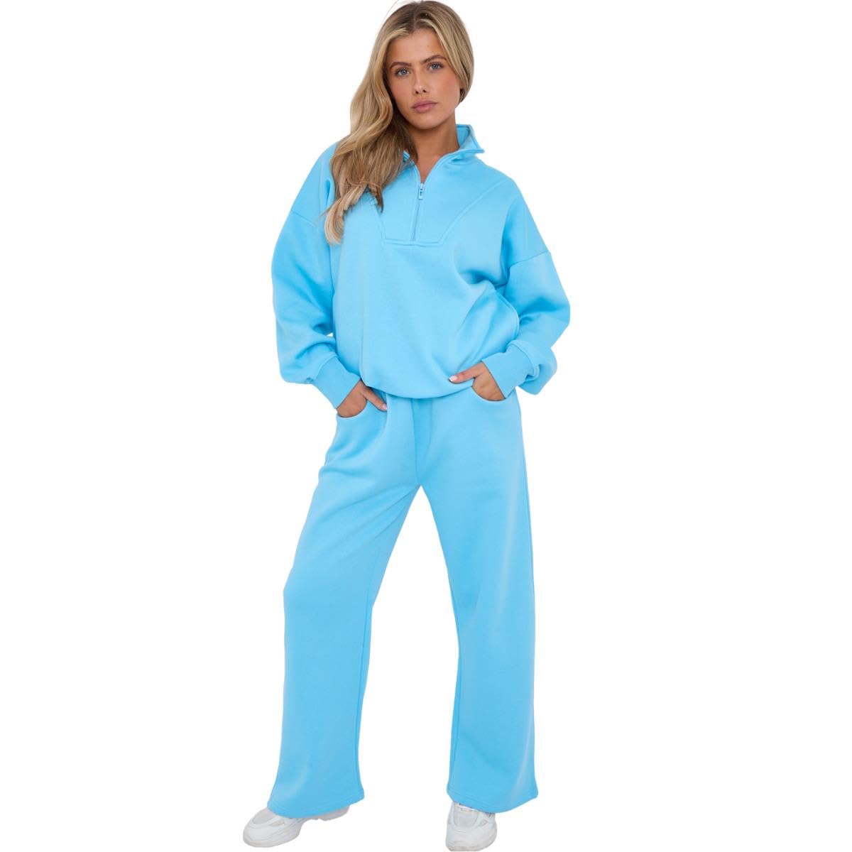 Set di tuta da donna, felpa da donna in pile con mezza zip e pantaloni da jogging da donna, a maniche lunghe, pantaloni a gamba larga, set da palestra da donna, set da palestra in pile