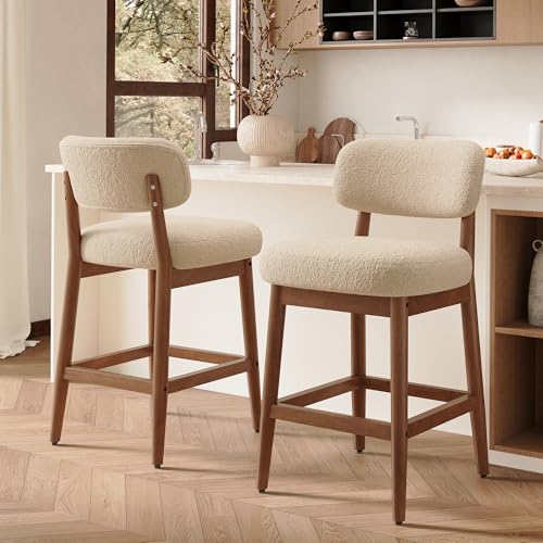 Image of Counter Height Bar Stools Set of 2, Mid-Century Modern Boucle Bar Chairs with Solid Wood Frame, Fluffy Upholstered Stools with Backrest for Kitchen Island, Home Bar, Oatmeal