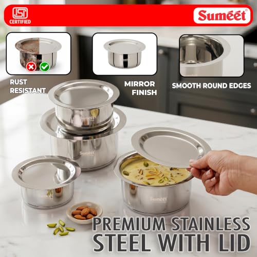 Image of Sumeet ISI Certified Induction Bottom (Encapsulated Bottom) Induction & Gas Stove Friendly Small Container Set /Tope /Cookware Set of 4Pcs with Lid - 350ml, 550ml, 750ml, 950ml - Silver