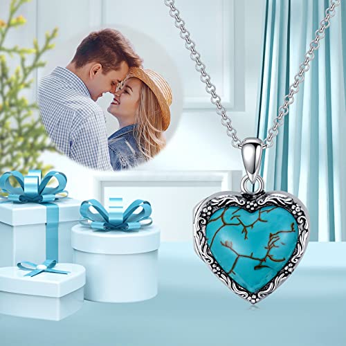 925 Sterling Silver Turquoise Heart Locket Necklace for Women That Holds Pictures Photo Jewelry Birthday Gifts for Women Mom Wife Girlfriend2