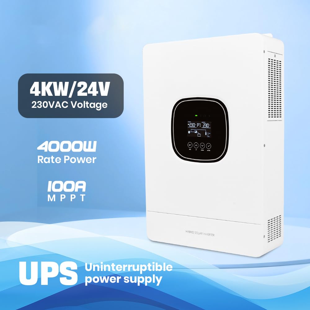 4000W Hybrid Solar Wechselrichter 24V auf 230V, Reine Sinuswelle mit 100A MPPT Laderegler, UPS Funktion, LCD Display, für Solaranlage & Haushaltsgeräte