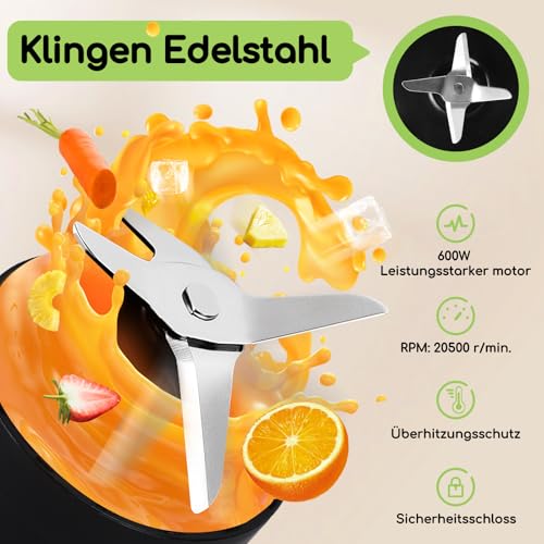Aigostar Smoothie Maker, Mini Standmixer, 600W, 2 x 800ml Becher mit Reisedeckel, 2 Geschwindigkeitsstufen + Impulsfunktion, Ice-Crush-Funktionmit,Tritan-Kunststoff Flasche, BPA-frei. Baron – Bild 3