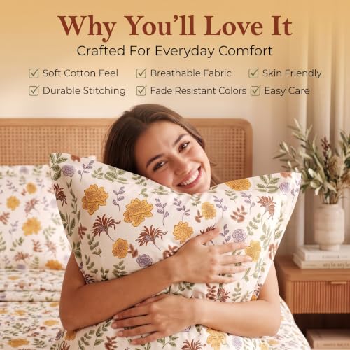 Image of BSB HOME 240 TC Cotton Double Bedsheet with 2 Pillow Covers, Soft & Breathable Floral Print Bed Sheet, Fade Resistant, Easy Care Bedding Set, 90 x 100 Inches (228 x 254 cm) - Ochre & Rust Botanical
