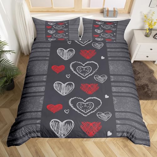 Homemissing Coeurs Housse de Couette 220x240cm Bandes Géométriques Modernes Parure de Lit Gris Rouge et Blanc Coeurs Ensemble de literie Lignes Simples...