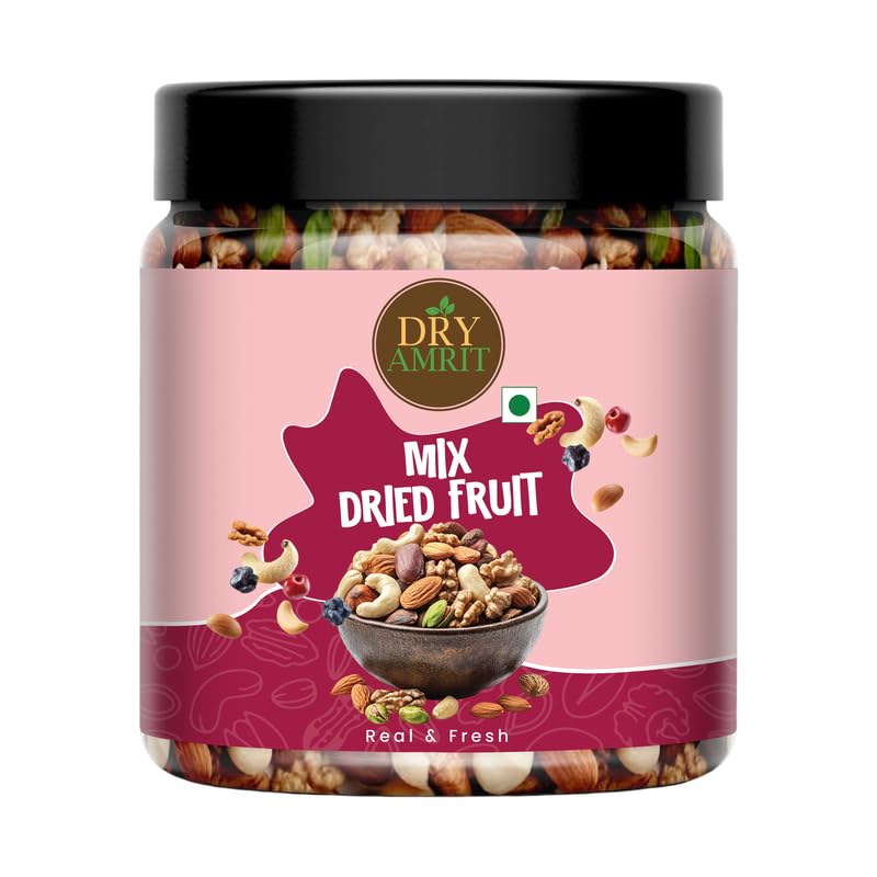 Image of DRY AMRIT Natural Premium Mix Dry Fruits 1 kg | Almonds, Cashew, Kishmish, Apricot, Black Raisins, Kiwi & Walnut Many More | Dry Fruit Combo Pack | Jar Pack