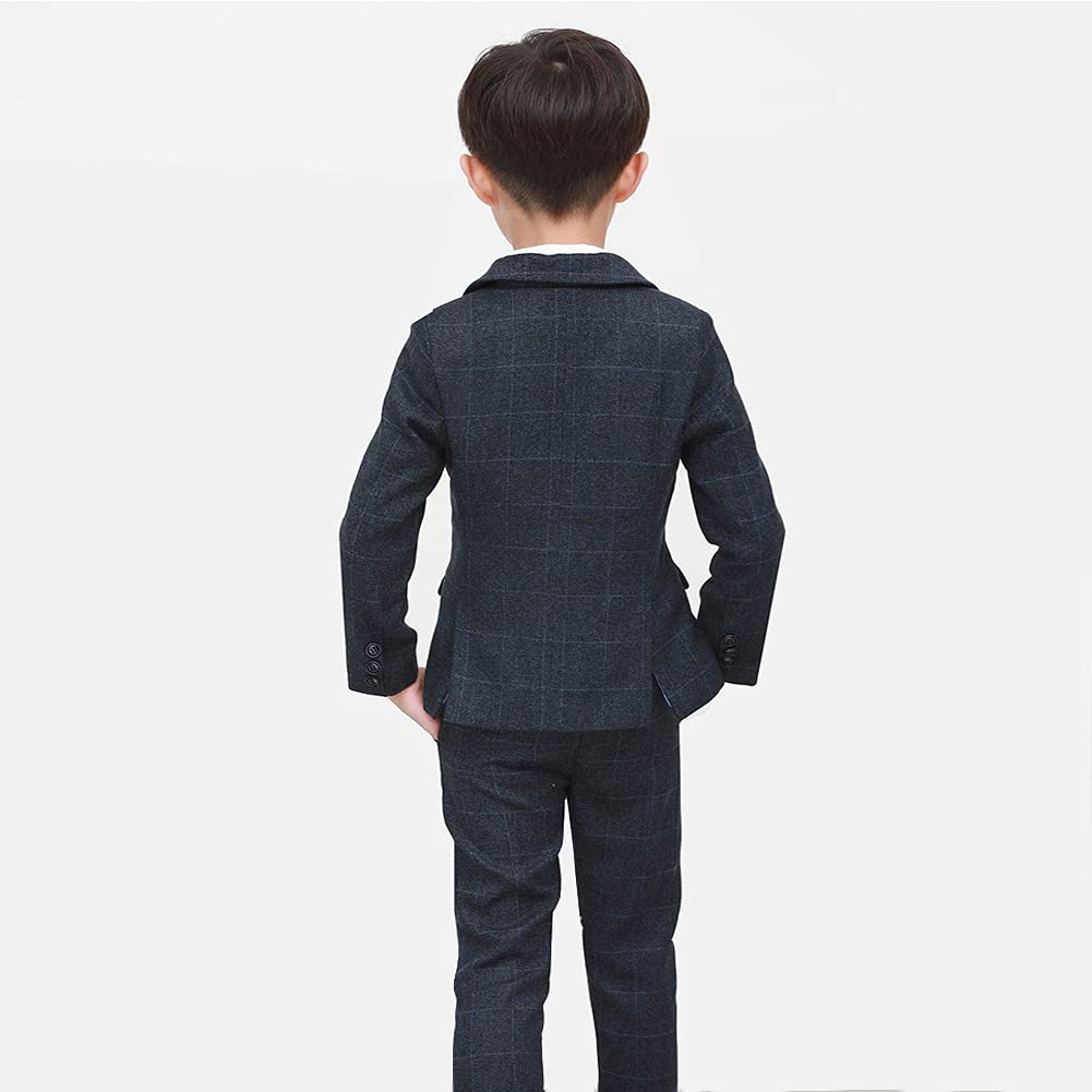 Conjunto de Traje a Cuadros Niños Traje de Fiesta de Bodas,6 Piezas Trajes Blazer+Camisa+Chaleco+Pantalones+Pajarita+Pañuelo de Bolsillo,Chicos Traje Formal para Ceremonio Bautizo Graduación Esmoquin