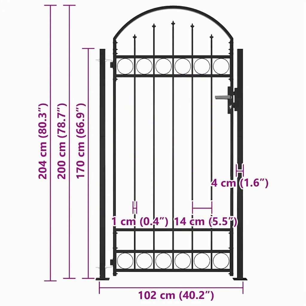 vidaXL Cancela de Valla Assen Sencilla Individual Puerta de Jardín Entrada Exterior con Forma de Arco con Dos Postes de Acero Negro 105x170 cm