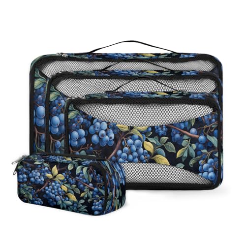 Blueberry Lot de 4 cubes d'emballage pour valise, organiseur de bagages de voyage avec sac de rangement en maille sur le dessus pour accessoires de voyage