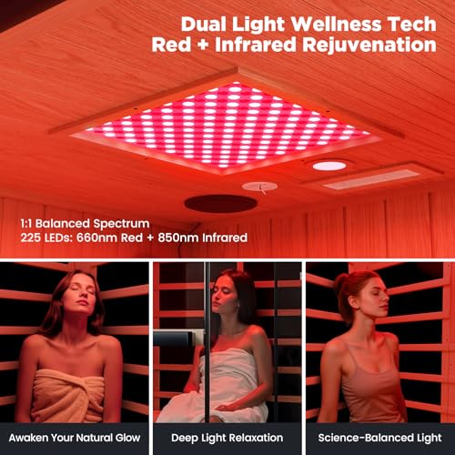Image of 2-Person Full Spectrum FAR Infrared Sauna with 12 inch * 12 inch Red Light Therapy | 1990W - 120V, 2 Speakers, Hemlock Wood Indoor Dry Traditional Sauna Dual LED Controls for Home & Gym, Black
