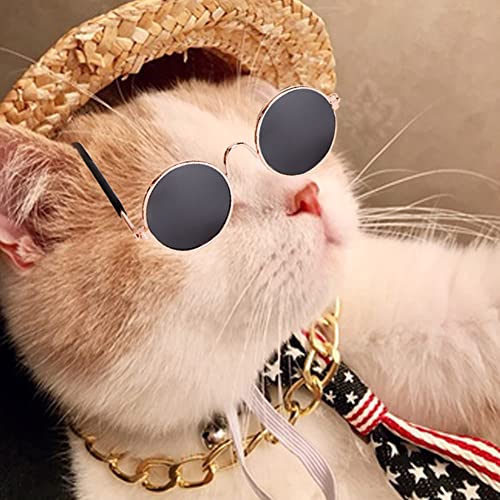 Sarekung Perro pequeño Gafas de Sol muñecas Gafas de Sol Redondas Fiesta Cosplay Disfraz Foto Accesorios Lindo Gato Divertido Gafas de Sol, Cadena de Oro, Sombrero de Paja, Collar de Corbata Cover