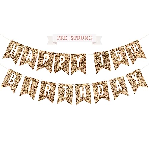 Image of Pre-Strung Happy 15th Birthday Banner - Gold Glitter Birthday Banner