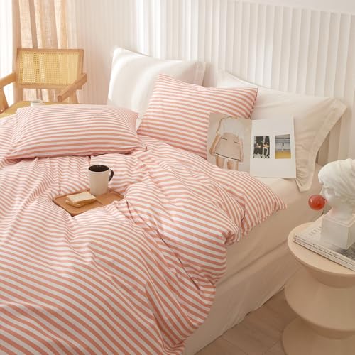 Image of Full Comforter Set Pink White Stripes Pattern Comforter Full Modern Style Striped Comforter with 2 Pillowcases Lightweight 3 Pieces Boho Bedding Comforter Farmhouse Striped Fluffy Comforter Set