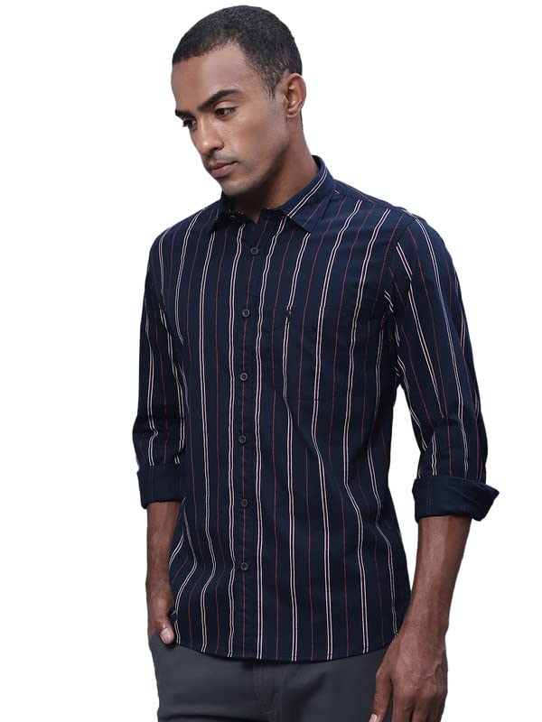 Image of Cantabil Men Cotton Striped Navy Blue Full Sleeve Casual Shirt (P MSHC00509 Navy)