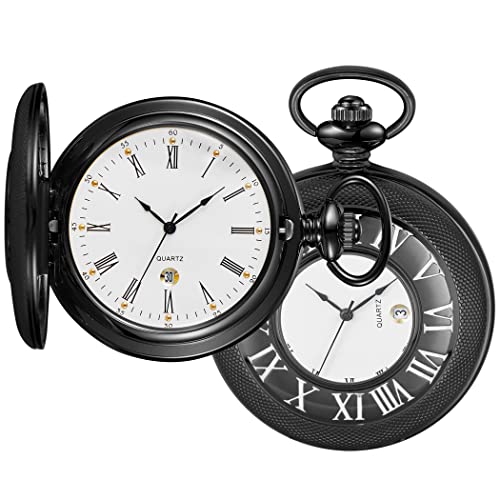 Image of Hollow Roman Digital Pocket Watch Cover for Men, Calendar Roman Dial Men's Pocket Watch with Chain